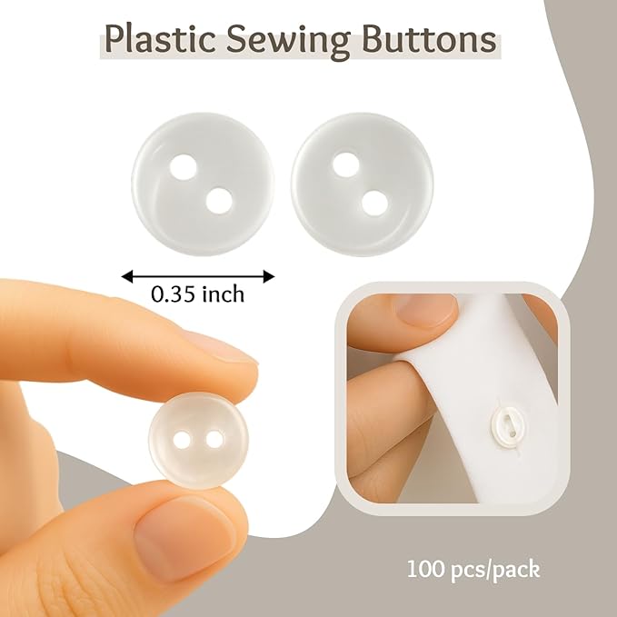 100 Pcs White Sewing Buttons 0.35 inch Pearl Buttons for Shirt 2 Hole 14L Plastic Round 9mm Ideal for Sewing Dress Skirt Blouse School Outfits Aprons Pants Jackets Bags DIY Crafts