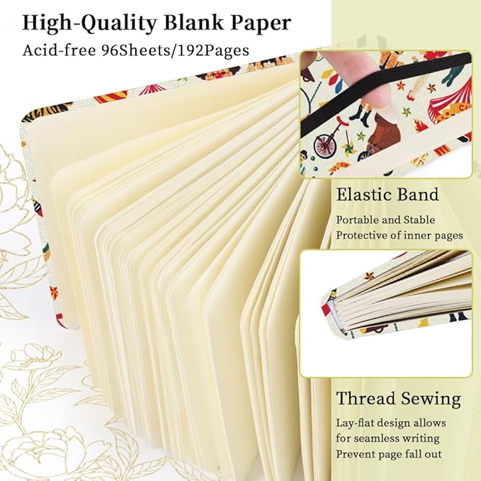 Square 4.8x4.8 inches 80gsm 96sheets/192 Pages Notebooks Blank Sketchbooks Travel Journal Pocket Hardcover Paint Writing Diary Memo Planner Cloth Cover. Circus Troup