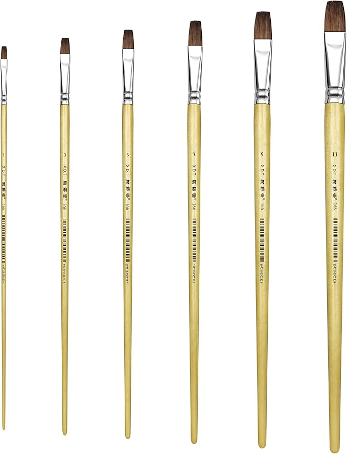 XDT#166A Bright Artist Paint Brush 6 Piece Set, Red Sable Flat Paint Brushes for Watercolor, Acrylic, Oil and Canvas Painting