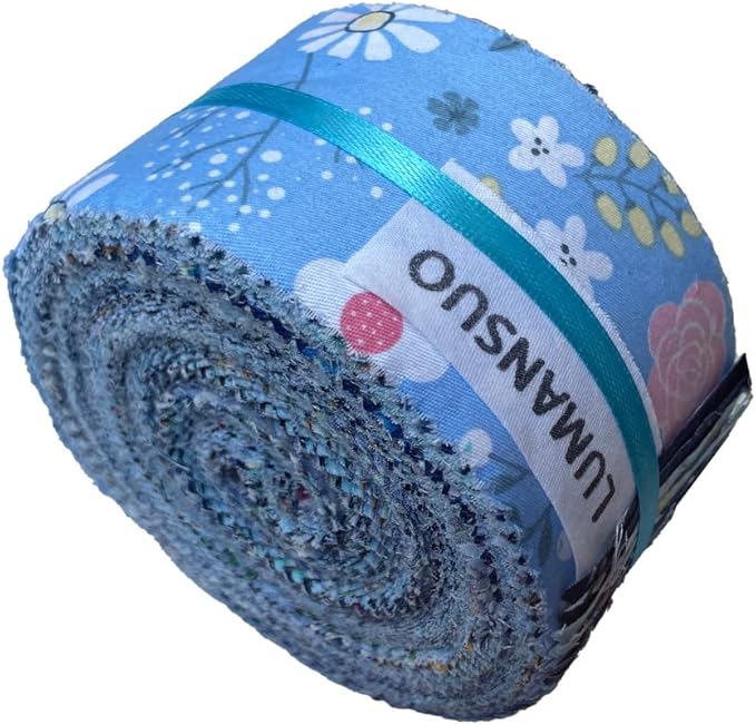 LUMANSUO Jelly Roll Fabric Strips 40PCS (2.5 x 44 Inch)- 20 Assorted Floral Prints, 100% Cotton, Precut Fabrics for Needlecraft and Quilting Sewing， Blue Moonlight