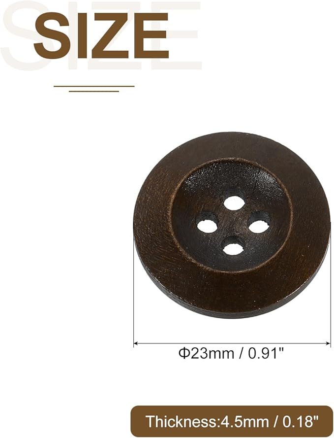 uxcell 100Pcs Wooden Buttons, 23mm(7/8") 4 Hole Round Wood Sewing Button Craft for Sewing DIY Craft Clothing, Dark Brown