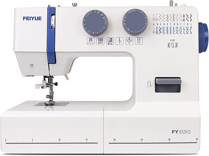 FEIYUE FYe310 Full Size Sewing Machine with Foot Pedal, Powerful Servo Motor, 25 Built-in Stitches, Heavy Duty & Portable, 6 Bobbins & 5 Included Sewing Feet (Gray)