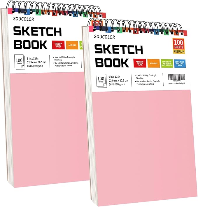 Soucolor Art Supply Set - Sketching & Drawing Kit, Sketchbook Art Paper for Adult Artists, 9" x 12" Sketch Book, 2-Pack 100 Sheets Spiral Bound Sketchbook, Acid Free