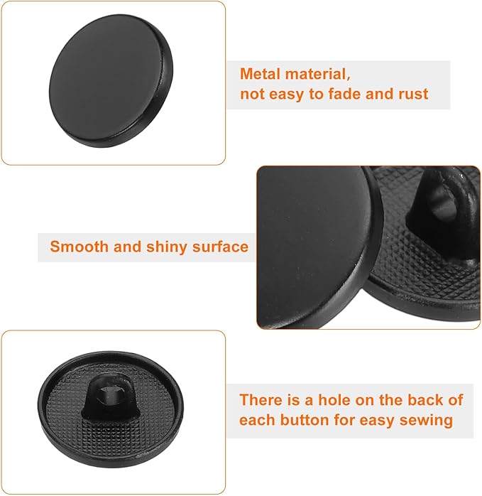 HARFINGTON 50pcs 24L Metal Round Flat Sewing Buttons 15mm Alloy Shank Craft Replacement Button for Men Women Suit Woolen Coat Shirt Trousers Sewing Crafts, Matt Black