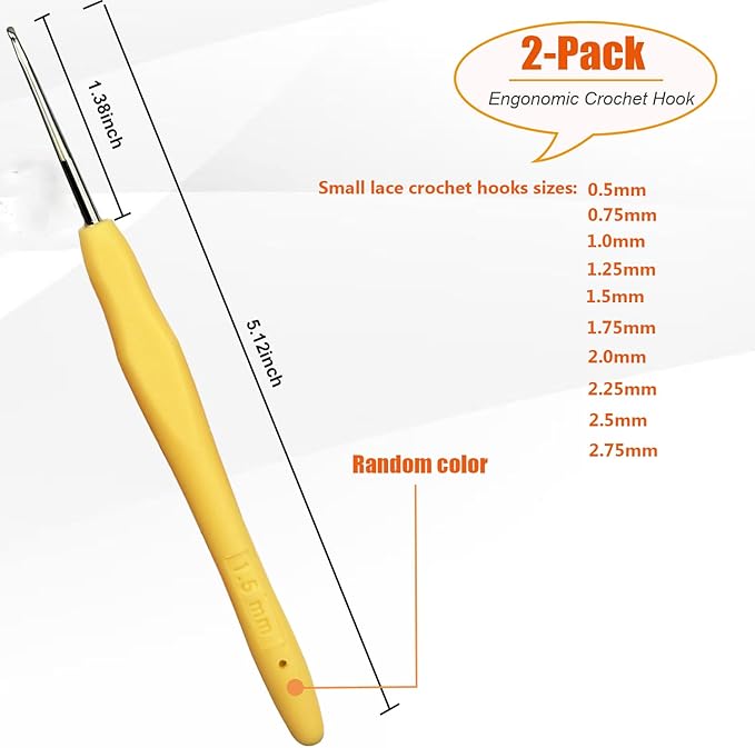 Mdoker 2PCS Small Size Crochet Hook Ergonomic Handle Crochet Hook Needles for Arthritic Hands,Thread Crochet Steel Lace Hooks Size 1.5mm