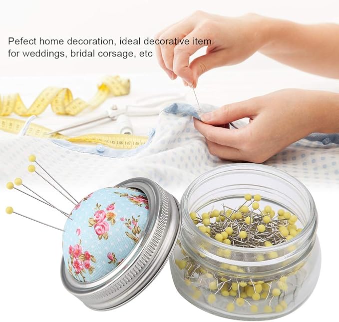 Haosie Pin Cushions for Sewing, 200PCS Sewing Pins with Glass Bottle and Pin Cushion Lid, Ball Head Straight Pins Quilting Pin Cushion Kit