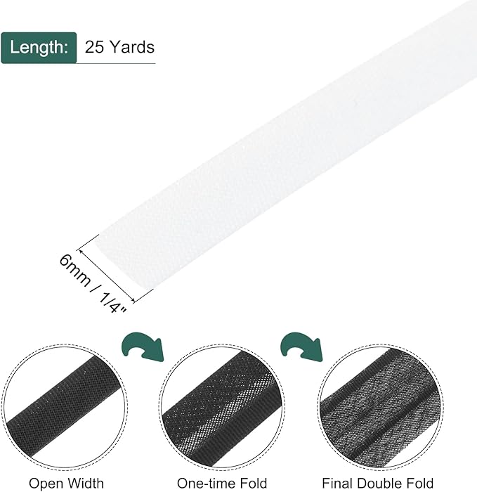 MECCANIXITY 1/4 Inch Double Fold Bias Tape Polyester Continuous Bulk Bias Tape for Sewing,Seaming Quilting Hemming Binding Crafts (White 25 Yards)