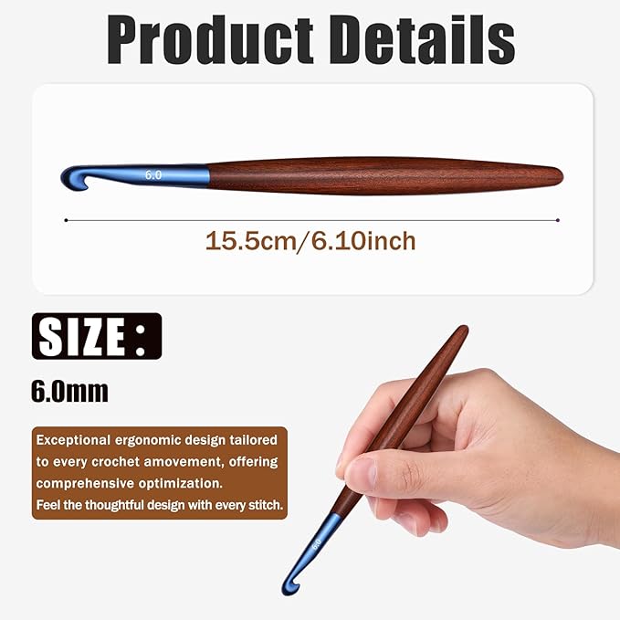 Giwrmu Crochet Hooks, 6mm Ergonomic Crochet Hook, Available in 3mm-7mm, Colored Aluminum Crochet Hook with Wooden Handle Crochet Needle for Crocheting Yarn