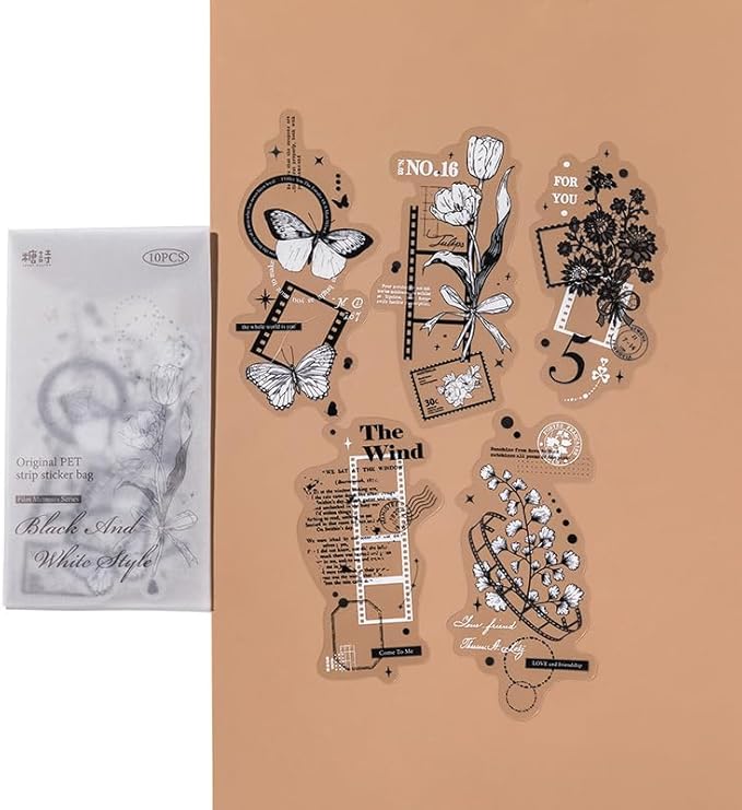 MAFELOE Scrapbook Stickers of 10 Pieces, PET Aesthetic Deco Stickers Journaling Supplies for Junk Bullet Bottles Laptop- Film Memoirs Series-A