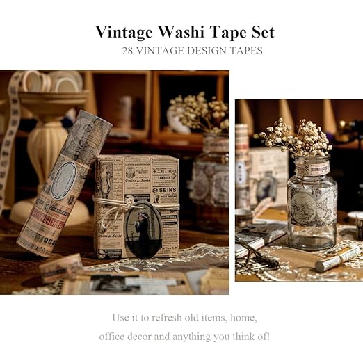 28 Rolls (Totally 183 ft) Vintage Washi Tape Set, Masking Tape Nostalgic Style Decor Sticker for DIY Craft Scrapbooking Bullet Journal Planner Gift Wrapping