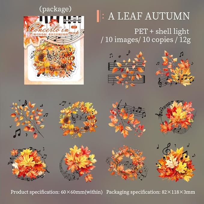 MAFELOE Scrapbook Stickers of 10 Pieces, PET Aesthetic Deco Stickers Journaling Supplies for Junk Bullet Bottles Laptop- Maple Leaf&Music Series-C
