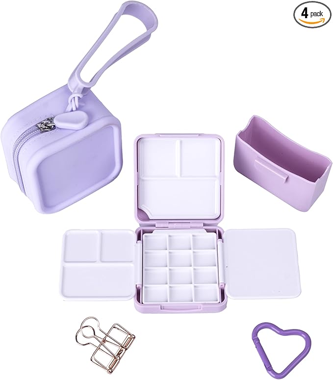 WTYONZEL Travel Pocket Watercolor Set, Artist Outdoor Sketch Kits with 24 Well Palette,3 Foldable Palettes,Clip-on Washing Bucket,Silicone Bag,Ideal for Outdoor Sketch Artists(Purple)