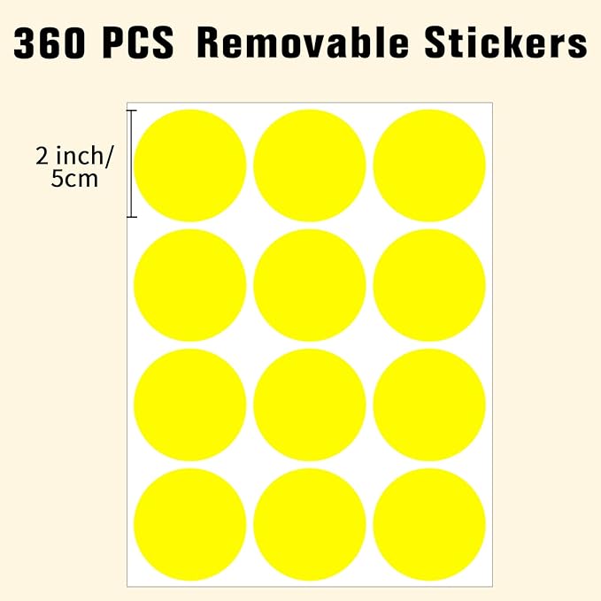 2" Round Large Colored Removable Stickers Labels - Yellow,Pack of 300