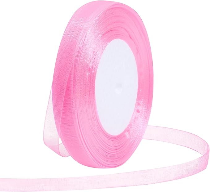 Pink Ribbon for Gift Wrapping 3/8 inch Sheer Organza Ribbon for Flower Bouquet Tulle Chiffon Ribbons for Wedding Invitations Christmas Halloween Decorations Crafts 50 Yards
