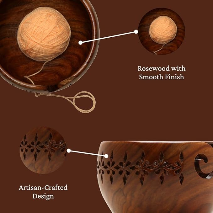 Wooden Large Yarn Bowl (7x4) – Yarn Holder for Crocheting & Knitting – Crochet Bowl with Carved Holes – Yarn Ball Storage Christmas Gift for Women