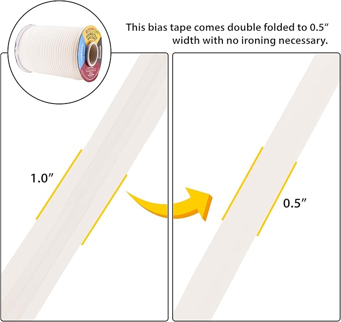 Mandala Crafts 55 Yards 1/2 Inch Off White Double Fold Bias Tape for Sewing - Bias Binding Tape for Quilting Binding, Hemming, Seam, and Fabric Piping