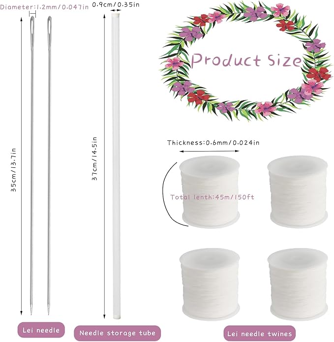 Lei Needle Kit, 2 Pcs 14 Inch Extra Long Sewing Needles 4 Rolls Lei Needle Twine 1 Pcs Lei Needle Storage Tube, Long Upholstery Needles for DIY Graduation Hawaiian Malay Flower Lei Making
