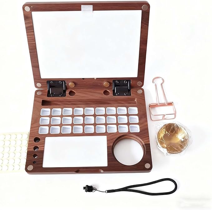27 Grid Crossbody Portable Watercolor Palette Box, Black Walnut Wooden Travel Mini Paint Box with Adjustable Shoulder Strap, Watercolor Easel, Metal Clips for Painters and Artists