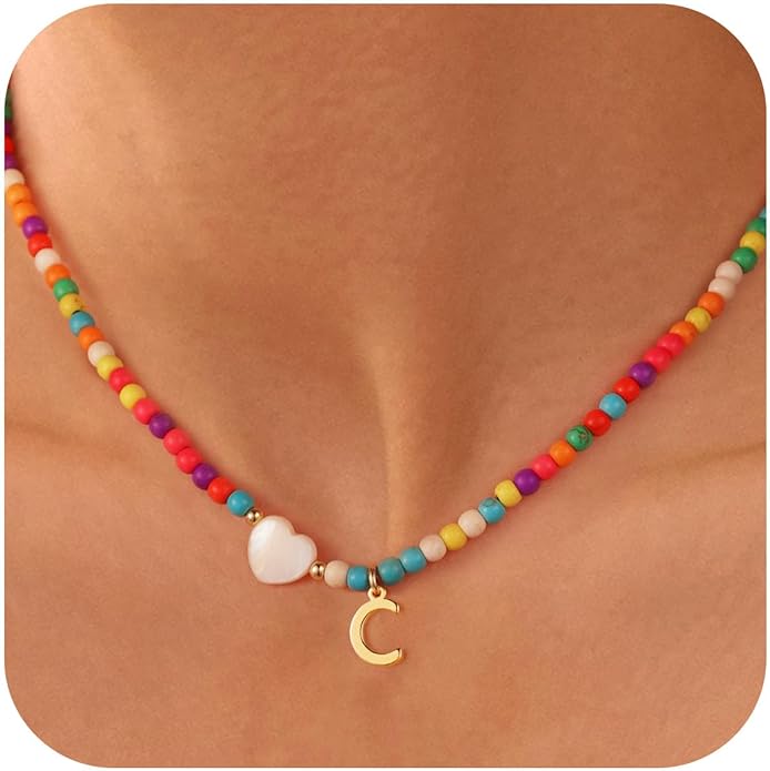 Ursteel Colorful Initial Cute Necklaces for Girls - Trendy Beaded Choker Necklace for Women Teen Girl, Handmade Letter Necklace Valentines Galentine Gifts for Women Girls Jewelry