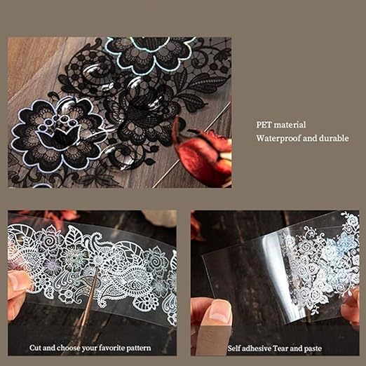 5 Rolls Washi Tape Lace Pattern Self-Adhesive Tape, White Black Floral Washi Silver Aesthetic Lace Tapes for Scrapbooking DIY Art Journaling Craft Gift Wrapping
