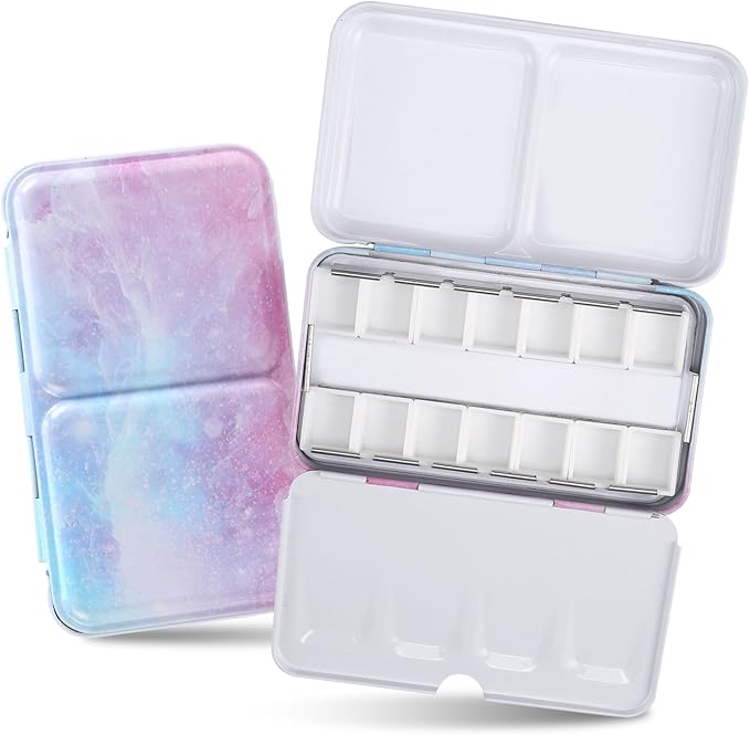 Watercolor Palette Empty with Paint Tray and 14PCS Watercolor Half Pans - Sturdy Empty Watercolor Palette Tin - Customizable Metal Watercolor Palettes