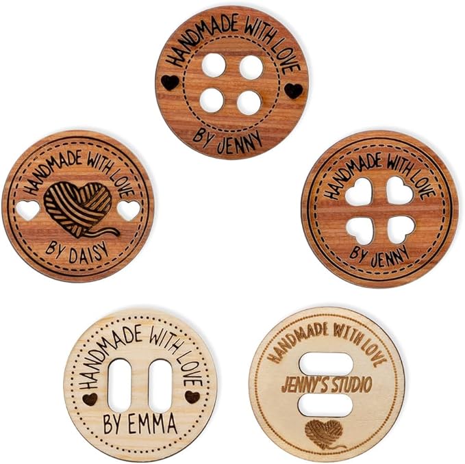 callie Personalized Wooden Name Buttons & Tags for Crafts –Custom Text, Handmade with Love Tags, Gifts for Crafting Knitting Crocheting Sewing Lovers