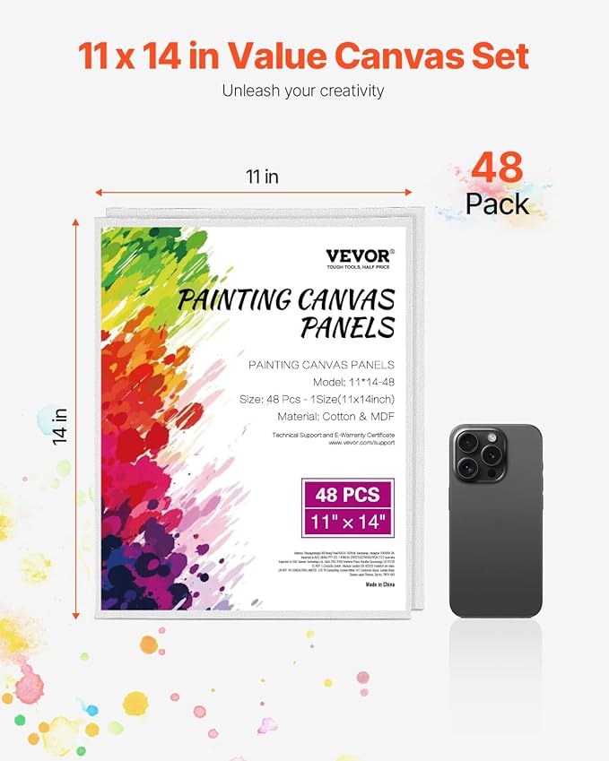 VEVOR Canvas Boards for Painting, 11 x 14 Inch White Canvases for Painting, 48 Pack Painting Canvas Panels for Sketching, Acrylic and Oil Painting, Watercolor, Paint Canvas for Kids and Professionals