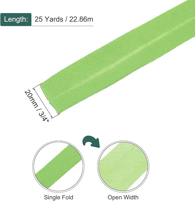 MECCANIXITY 3/4 Inch Single Fold Bias Tape Polyester Continuous Bulk Bias Tape Roll for Sewing, Seaming Quilting Hemming Binding Crafts (Fruit Green 25 Yards)