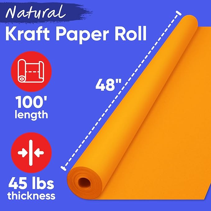USA Made 48" x 1200" Orange Kraft Paper Roll, 45 lbs Thickness, American Quality Colored Kraft Paper for School, Bulletin Board - Odorless, Non-Toxic, Safe for Kids