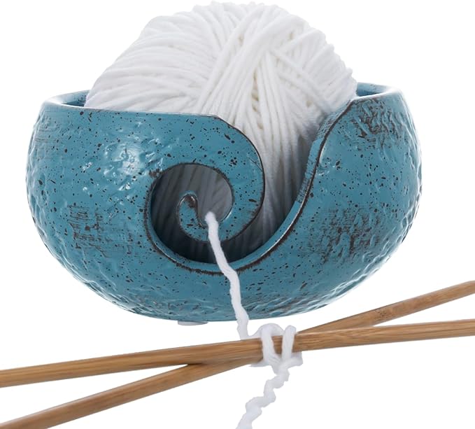 MyGift Turquoise Ceramic Tangle-Free Yarn Ball Bowl, Rustic Handcrafted Knitting Crochet Bowl with Cut Out Swirl