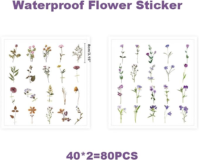 Maxleaf 80 Pieces Natural Vintage Flower Stickers, Self-Adhesive Transparent Flower Decals for Scrapbooking Supplies, Waterproof Nature Floral Clear Stickers for Adult Card Making Letters DIY