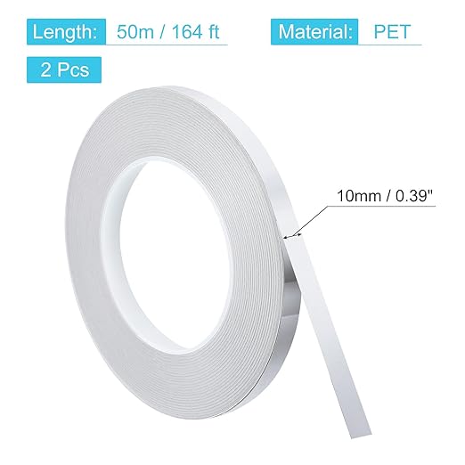 uxcell Metallic Tape, 0.39 in x 164 ft Self Adhesive Metalized Polyester Film Tape Waterproof Shiny Washi Tape for Walls Graphic Arts Gifts Wrapping Crafts Decoration, Gloss Silver, 2 Pcs