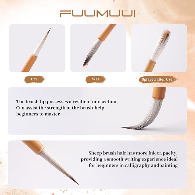Fuumuui Chinese Calligraphy Brush, 3pcs Writing Brush Ink Painting Bamboo Watercolor Brushes Set Wolf Sheep Mix Brushes for Beginner Adult Professional Painting Tools