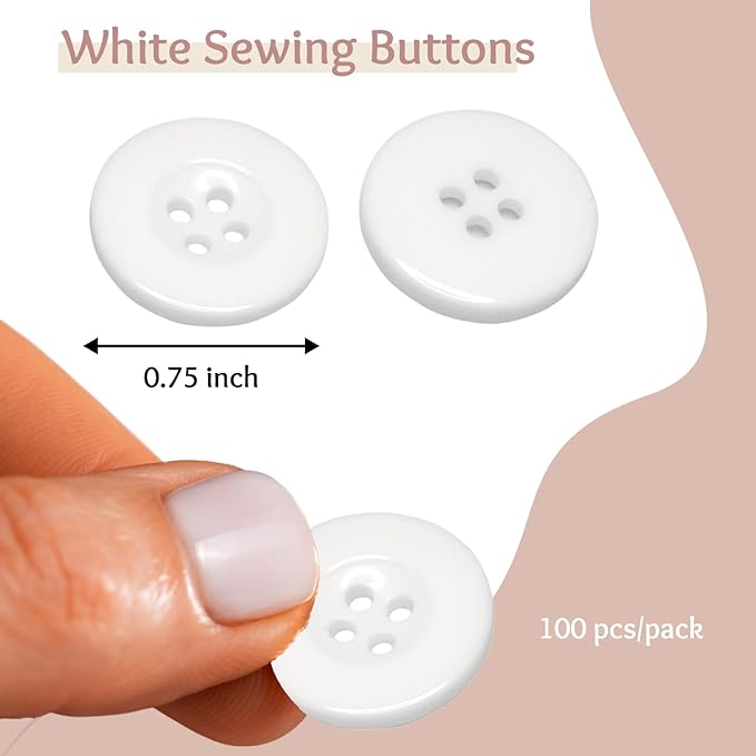 100 Pcs White Buttons for Sewing 3/4" (19mm) 4 Hole 30L Plastic Large Glossy Buttons 0.75 inch Uniform Jacket Sewing Buttons Bulk for Lab Coat Pants Suit Workwear School Outfits Aprons Crafts DIY