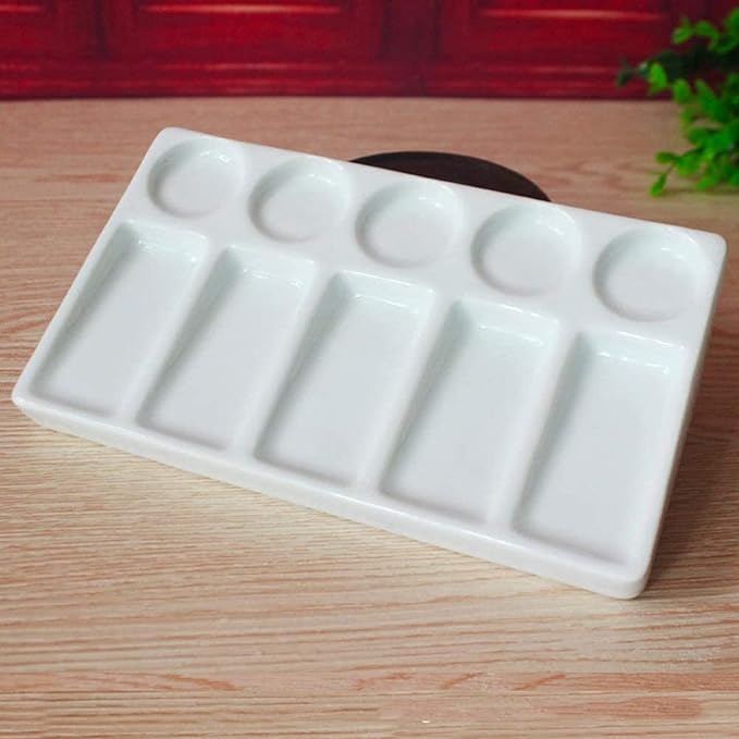 Ceramic Artist Paint Palette Tray - 10-Well Rectangular Shape Porcelain Leak Proof Painting Palette for Watercolor Gouache Painting Students or Art Studio
