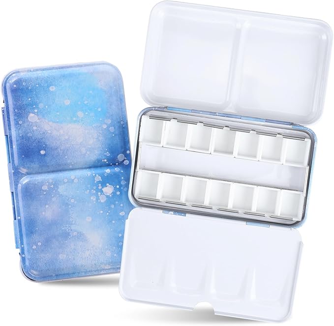 Empty Watercolor Palette Tin - Sturdy Watercolor Tin with Paint Tray and 14PCS Empty Watercolor Half Pans - Customizable Portable Metal Watercolor Tin