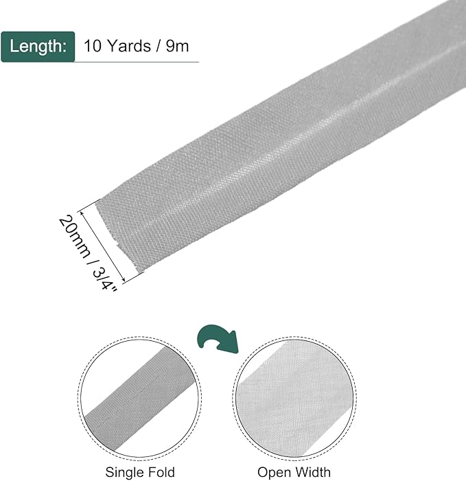 MECCANIXITY 3/4 Inch Single Fold Bias Tape Polyester Continuous Bulk Bias Tape for Sewing, Seaming Quilting Hemming Binding Crafts (Gray 10 Yards)