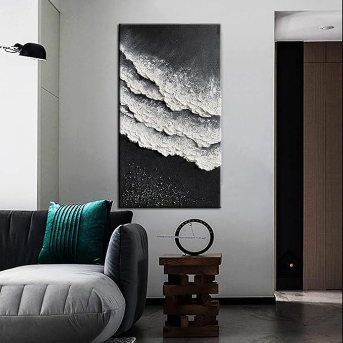 YaSheng Art - Oil Painting on Canvas Texture Black and White Ocean scenery sandbeach 3D Oil Painting Hand-Painted Abstract Artwork Paintings Modern Home Decor Living room sofa bedroom dining room hanging pictures Canvas Wall Art 24x48inch