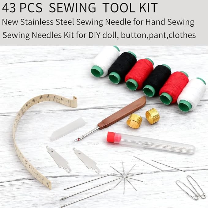WIQVFYHO Big Eye Steel Sewing Needles Kit, 43 PCS Big Eye Needle Kit, Long Steel Needles for Hand Sewing, Portable DIY Handcraft Repair Tools for Beginners Big Eye Sewing kit