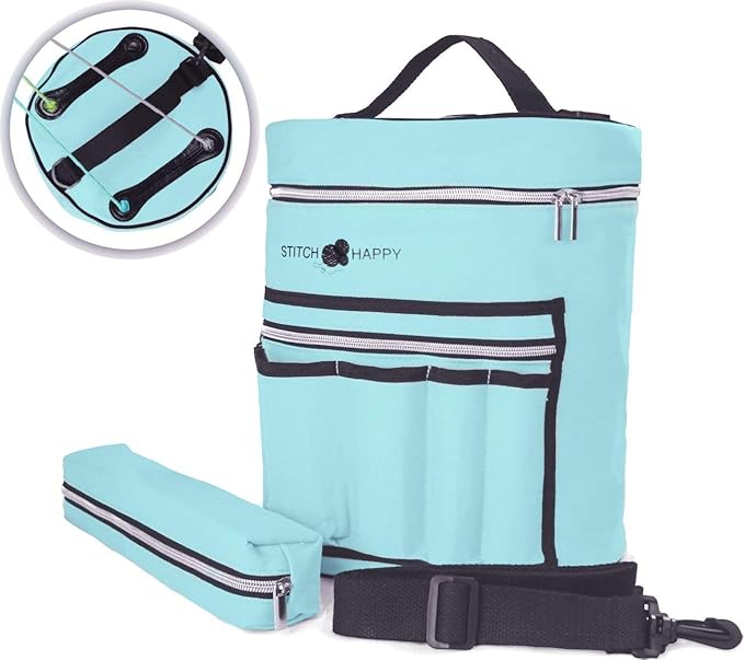 Designer Stitch Happy Knitting Starter Kit: 20 Piece Knitting Kit for Beginners & 7 Pocket Yarn Bag, Signature Yarn Storage - Angel Blue