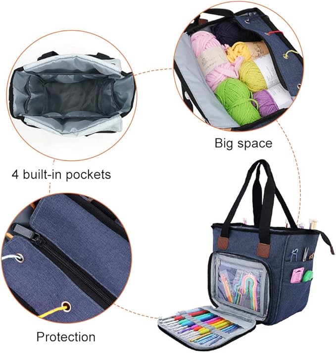 SumDirect Yarn Bag, Knitting Organizer Tote Bag Portable Storage Bag for Yarns, Carrying Projects, Knitting Needles, Crochet Hooks, Manuals and Other Accessories (Blue)