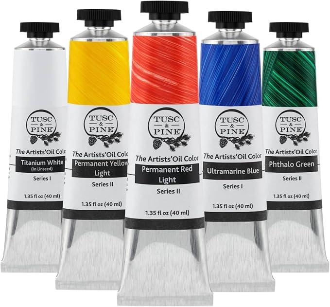 Tusc & Pine Artist Oil Paint - 40 ml Set of 5 - Basic Colors - Non-Yellowing, Rich & Creamy Consistency, Maximum Pigment Load, Small Batch Milled Oil Paints Developed for Professional Artists