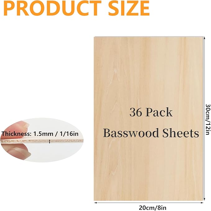 36 PCS Basswood Plywood Unfinished Wood Craft of 8 X 12 X 1/16 Inch, Suitable for DIY Decorations, Model Carving, Wood Carving, Architectural Models and Painting