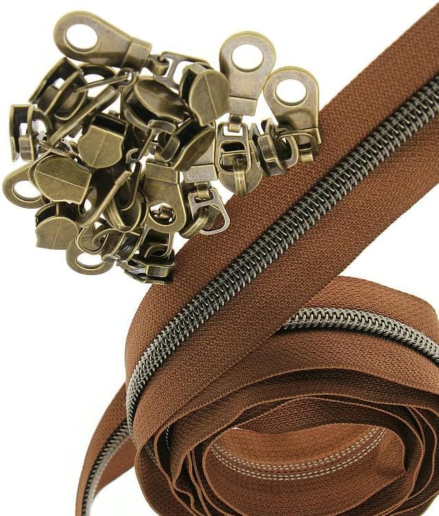 #5 Antique Brass Metallic Nylon Coil Zippers by The Yard Bulk Brown Zipper Tape 10 Yards with 25Pcs Pulls for DIY Sewing Craft Bags YIGUANXIN