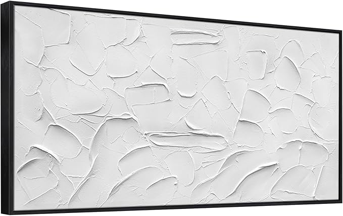 Large Hand-Painted Oil Painting on Canvas Black Frame White Textured Wall Art Abstract Minimalist 3d Artwork Neutral Wall Picture Home Decor for Living Room Bedroom Office Ready to Hang 60x30inch