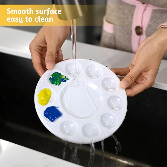 50Pcs Paint Palette Trays, 10-Well Plastic Paint Tray with Central Mixing Area, Reusable Watercolor Palette for Artists, Kids, Classroom, DIY Crafts, Cupcake Decorating (6.6 x 6.6 Inches)