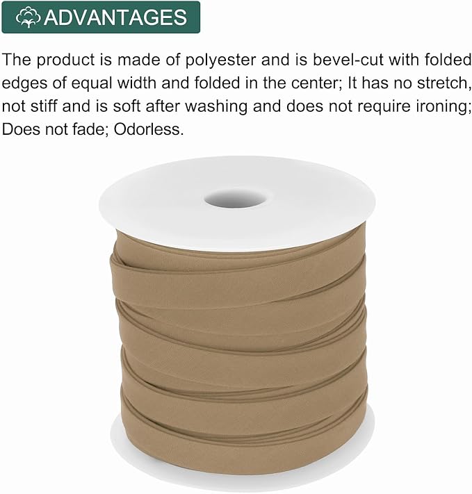 MECCANIXITY 1/2 Inch Double Fold Bias Tape Polyester Continuous Bulk Bias Tape for Sewing,Seaming Quilting Hemming Binding Crafts (Khaki 25 Yards)