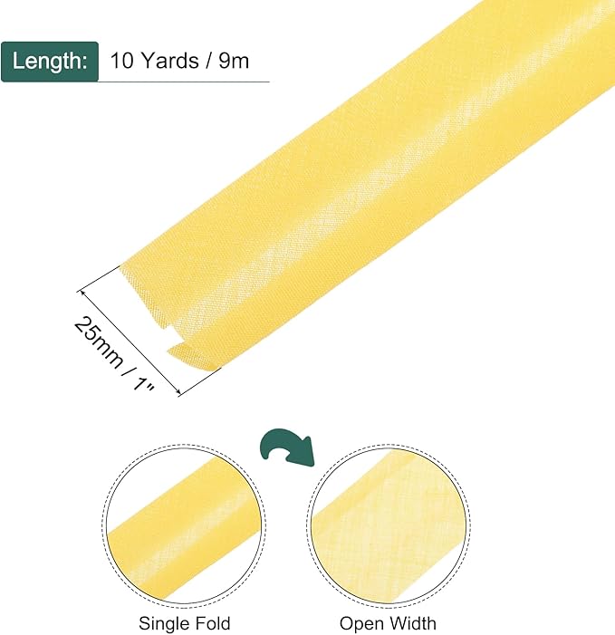 MECCANIXITY 1 Inch Single Fold Bias Tape Cotton Continuous Bulk Bias Tape for Sewing,Seaming Quilting Hemming Binding Crafts (Lemon Yellow 10 Yards)