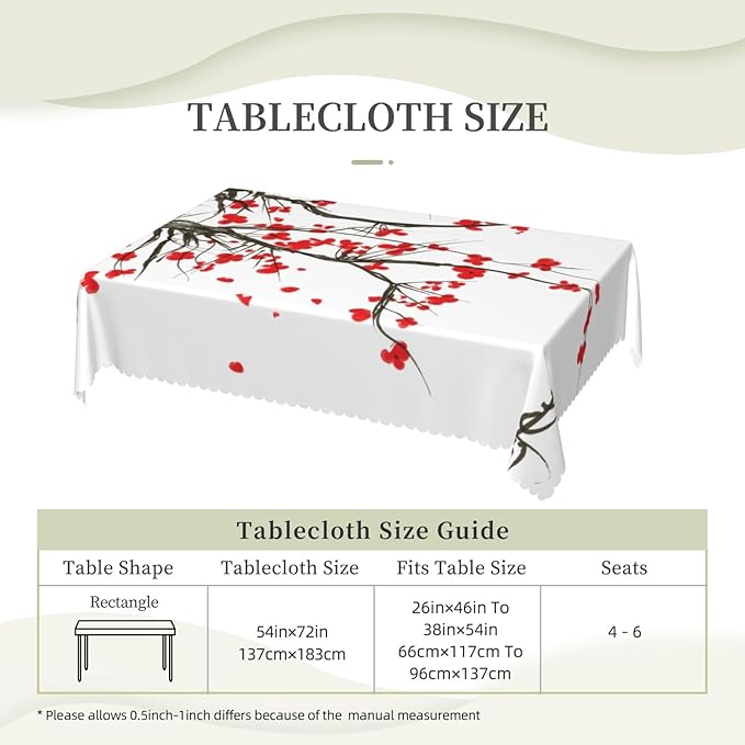 Japanese Cherry Rectangle Tablecloth Ink Painting Flower Blossom Cherry Red Table Cloth Dining Table Cover for Home Kitchen Restaurant Party Buffet Picnic 54 x 72 Inch