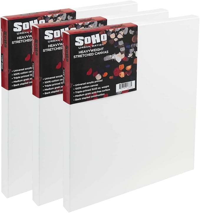 SoHo Urban Artist, 20x30 Heavyweight Stretched Cotton Canvas for Painting - 1.5" Deep- 3 Pack, Triple Primed, 100% Cotton Canvas, Archival, Universal Primed for Oil, Acrylic, Alkyd, Mixed Media
